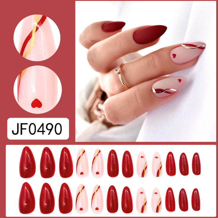 24pcs Long Almond Press-On Nails with Gold Stripes