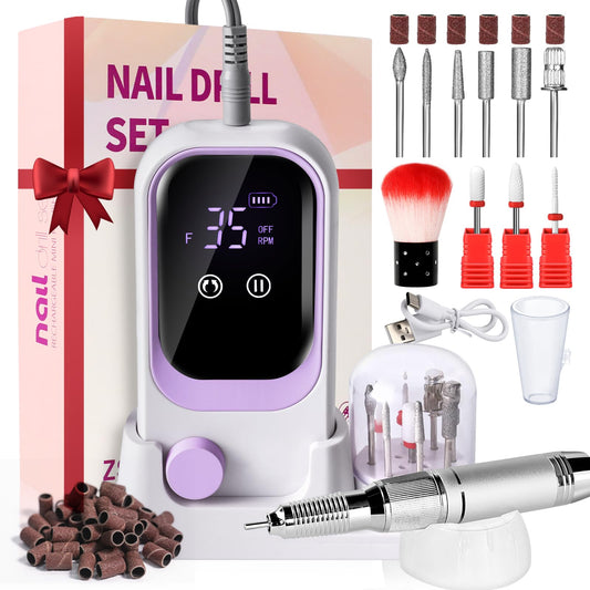 Electric File Nail Drill Professional 35000RPM Nail File with Rechargeable Base & Bits Nail Drill Bit Nail Files and Buffers for Acrylic Nail Remove Nail Tech Must Haves for Salon Home (Purple)