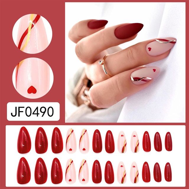 24pcs Long Almond Press-On Nails with Gold Stripes