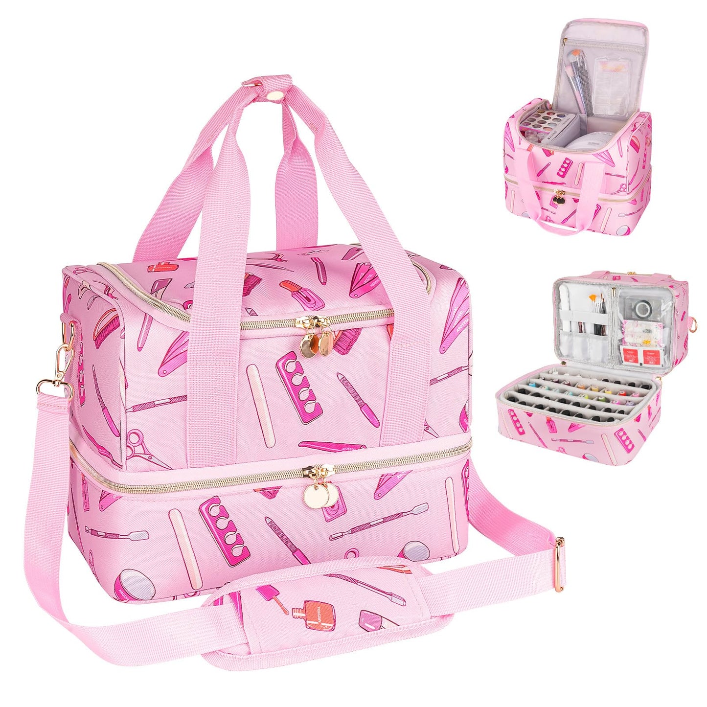 Jaffzora Nail Polish Organizer Case Double Layers Nail Organizers and Storage Holds 40 Bottles Gel Nail Polish&Nail Lamp Travel Nail Supplies Carrying Bag for Nail Art Tech & Manicure ToolsPink