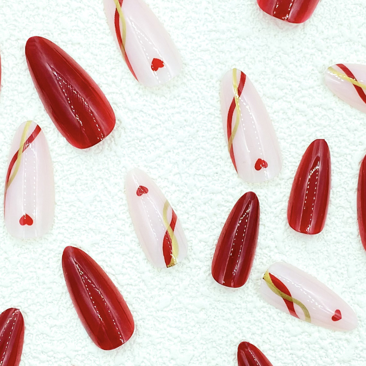 24pcs Long Almond Press-On Nails with Gold Stripes